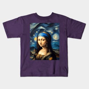 Mona Lisa with a Pearl Earring under The Starry Night Kids T-Shirt